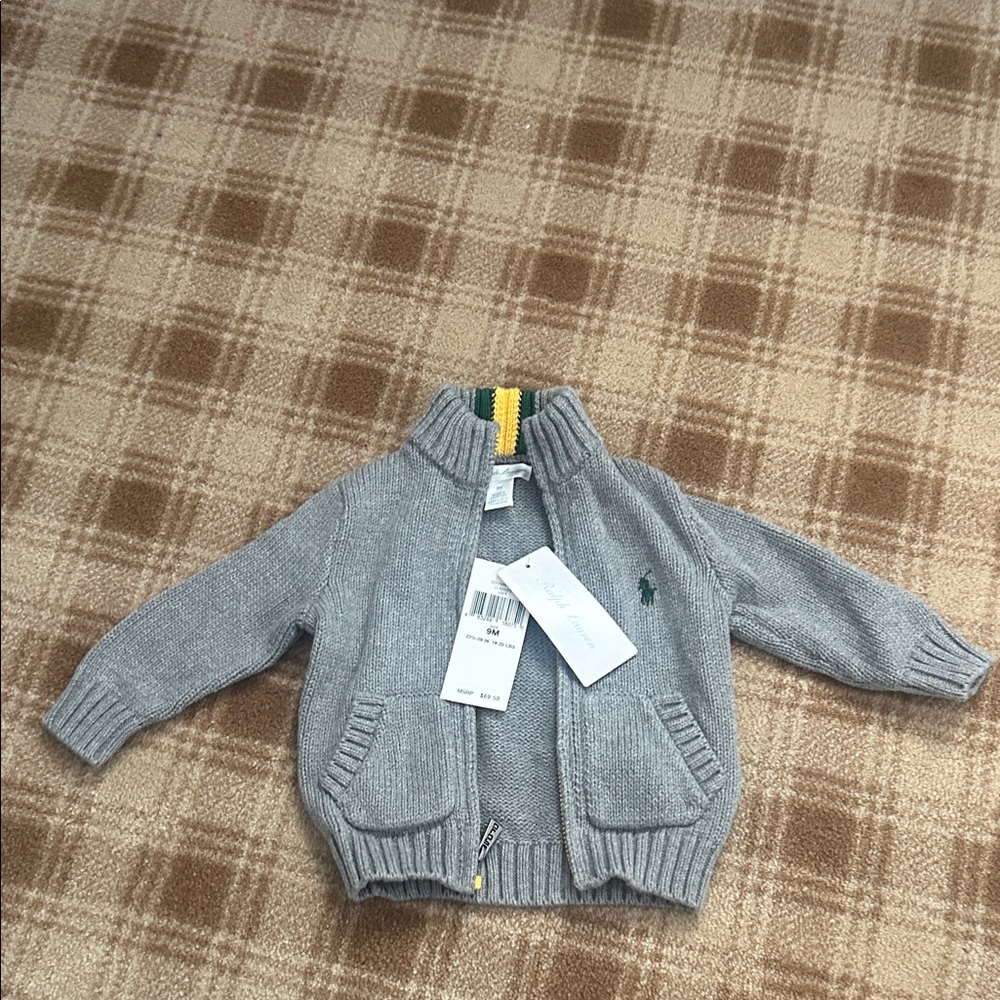 Ralph Lauren Gray Knit Sweater with Green and Yellow Accents